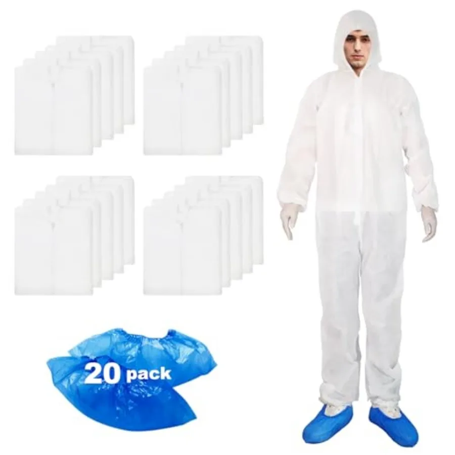 Hazmat Suits- 20 Pack Disposable Protective Coveralls with Hood, Zipper, Elastic Wrists, Shoe Covers for Men and Women, Shield
Hazmat Suits- 20 Pack Disposable Protective Coveralls with Hood, Zipper, Elastic Wrists, Shoe Covers for Men and Women, Shield