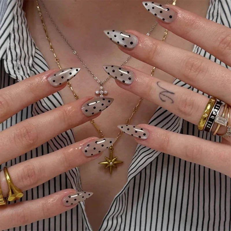 24Pcs False Nails Simple Gray Cat-Eye Short Peach-Shaped Nails with Black Polka Dots Press-On Nails Perfect As A Gift for Girls
24Pcs False Nails Simple Gray Cat-Eye Short Peach-Shaped Nails with Black Polka Dots Press-On Nails Perfect As A Gift for Girls