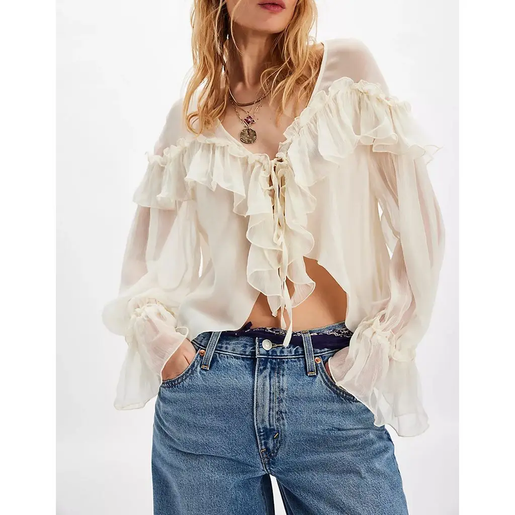 Combhasaki Women's Y2K Fairycore Flare Long Sleeve Ruffled Trim Crop Blouse Tops Loose See Through Split Tie Front V Neck Shirts
Combhasaki Women's Y2K Fairycore Flare Long Sleeve Ruffled Trim Crop Blouse Tops Loose See Through Split Tie Front V Neck Shirts