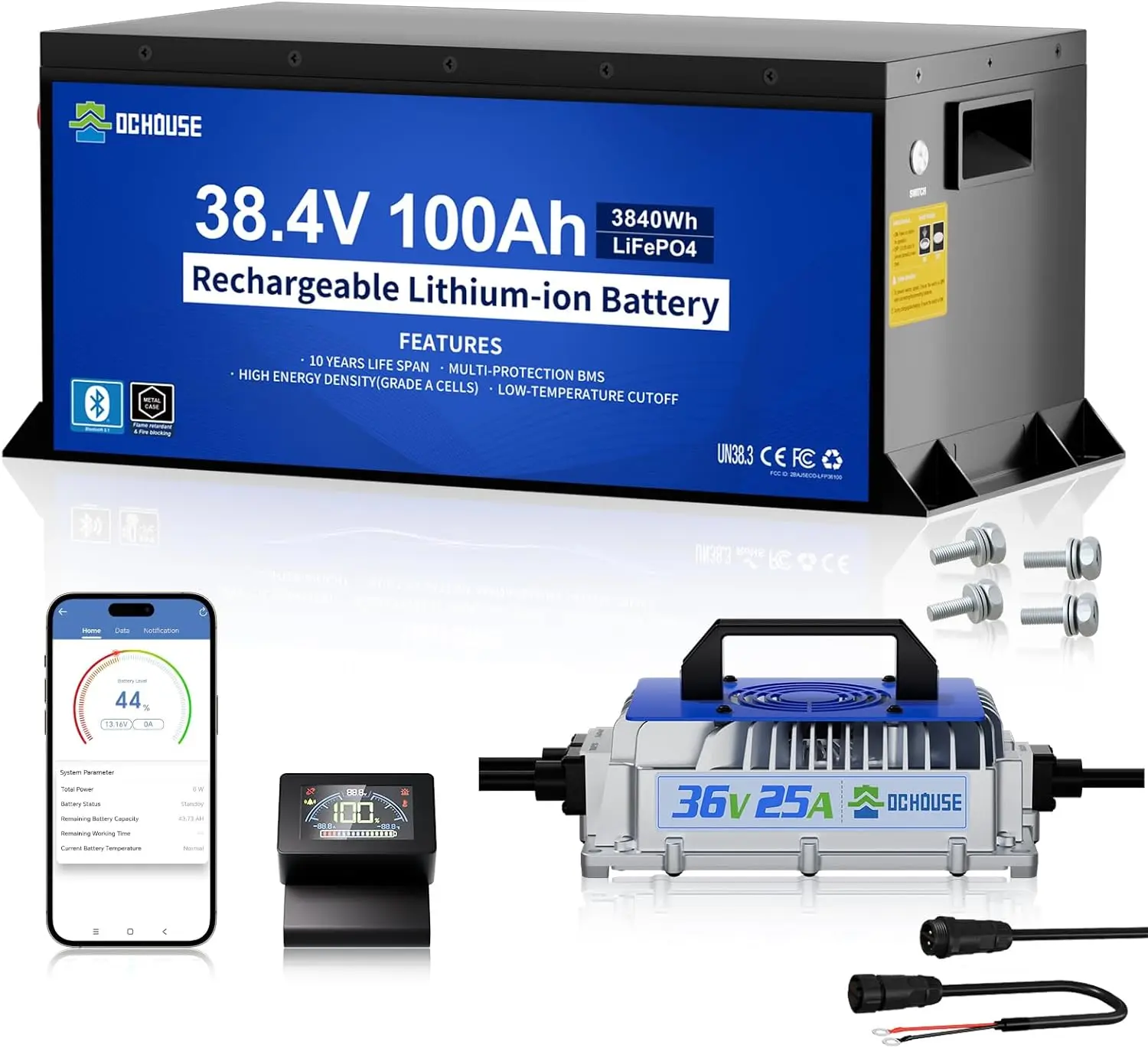 DC HOUSE Metal Case 36V 100Ah Pro Lithium Golf Cart Battery, LiFePO4 Battery with 36V 25A Charger, Bluetooth Mobile APP& LCD Monitor, 200A BMS, Peak Current 670A, Perfect for Trolling Motor
DC HOUSE Metal Case 36V 100Ah Pro Lithium Golf Cart Battery, LiFePO4 Battery with 36V 25A Charger, Bluetooth Mobile APP& LCD Monitor, 200A BMS, Peak Current 670A, Perfect for Trolling Motor