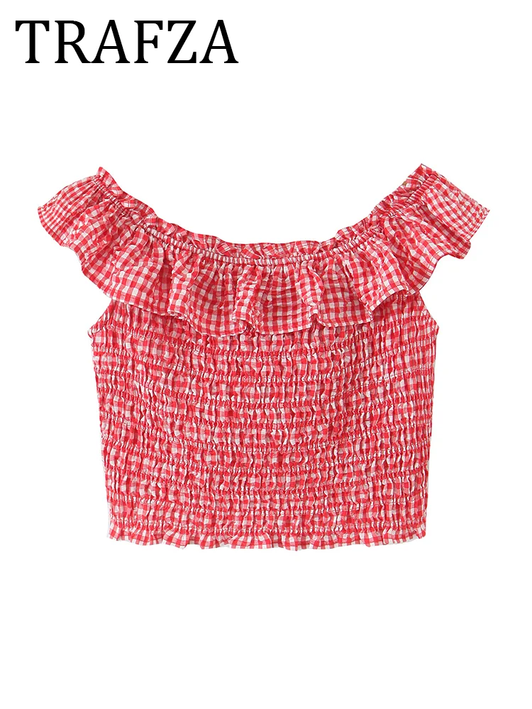 TRAFZA 2025 Women's Gingham Top Fashion Summer Ruffle Cropped Top Female Short Sleeve Elasticated T-Shirt Popular Clothes
TRAFZA 2025 Women's Gingham Top Fashion Summer Ruffle Cropped Top Female Short Sleeve Elasticated T-Shirt Popular Clothes