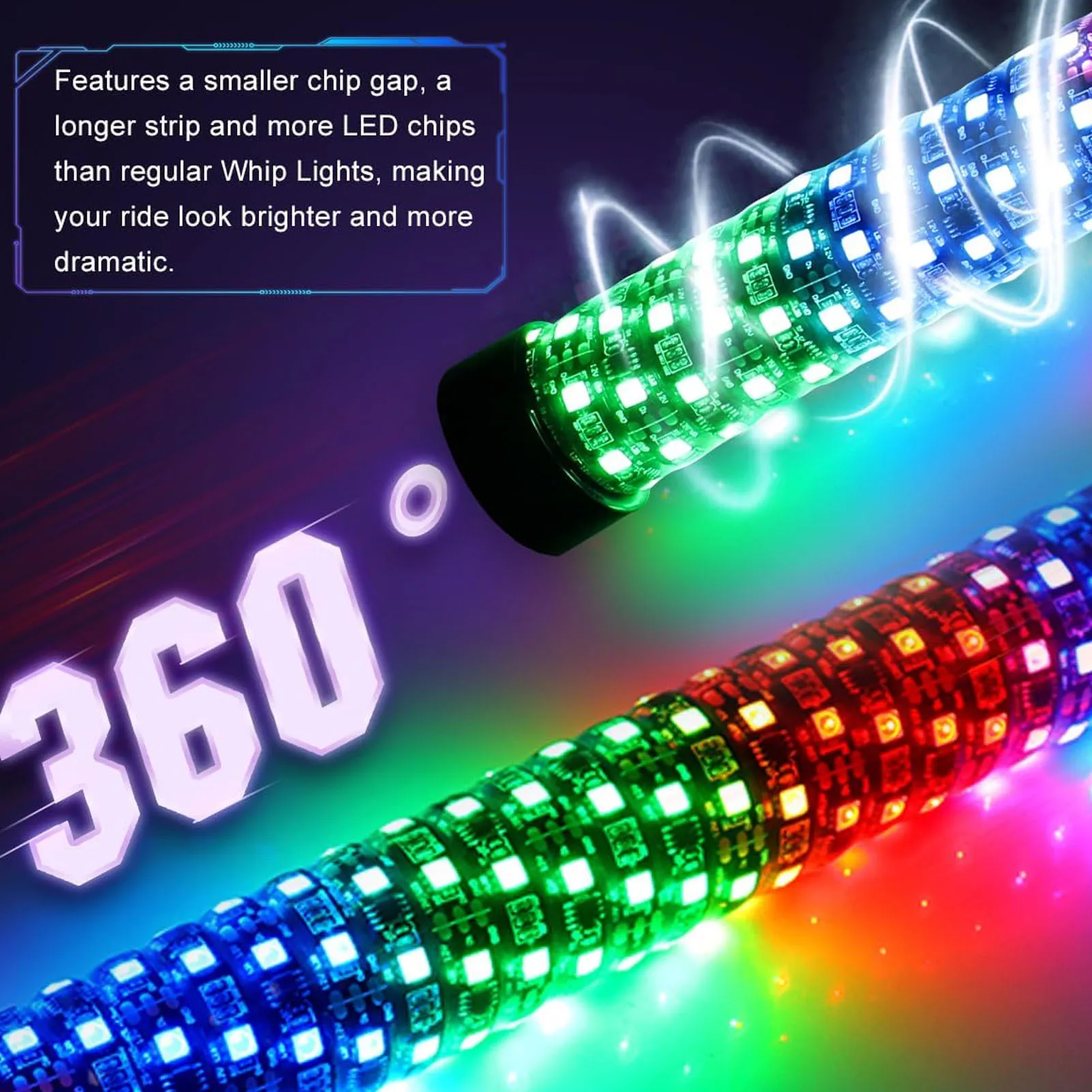 2pcs 12‑24V RGB LED Whip Light Waterproof App Remote Control 366 Modes Chasing Whip Antenna for UTV ATV Off Road Sand Truck Boat
2pcs 12‑24V RGB LED Whip Light Waterproof App Remote Control 366 Modes Chasing Whip Antenna for UTV ATV Off Road Sand Truck Boat