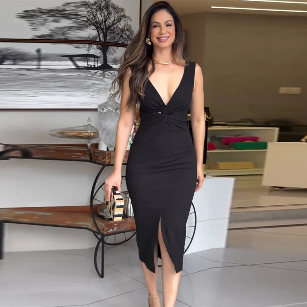Trendy 2025 New Sexy Black Bodycon Midi Dress for Women Sleeveless Deep V Neck High Slit Club Party Evening Gown
Trendy 2025 New Sexy Black Bodycon Midi Dress for Women Sleeveless Deep V Neck High Slit Club Party Evening Gown