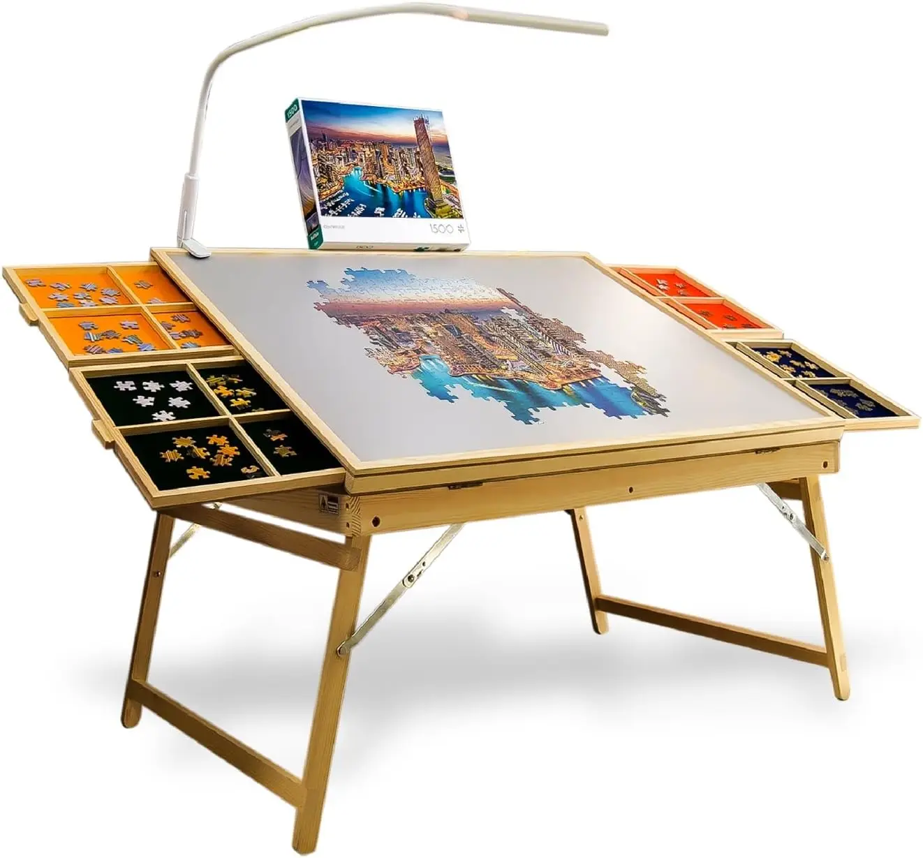 Portable Wooden Puzzle Table with Foldable Legs and LED Lamp, 1500 Piece Capacity, 4 Drawers & Cover, 3 Adjustable Tilt Angles
Portable Wooden Puzzle Table with Foldable Legs and LED Lamp, 1500 Piece Capacity, 4 Drawers & Cover, 3 Adjustable Tilt Angles