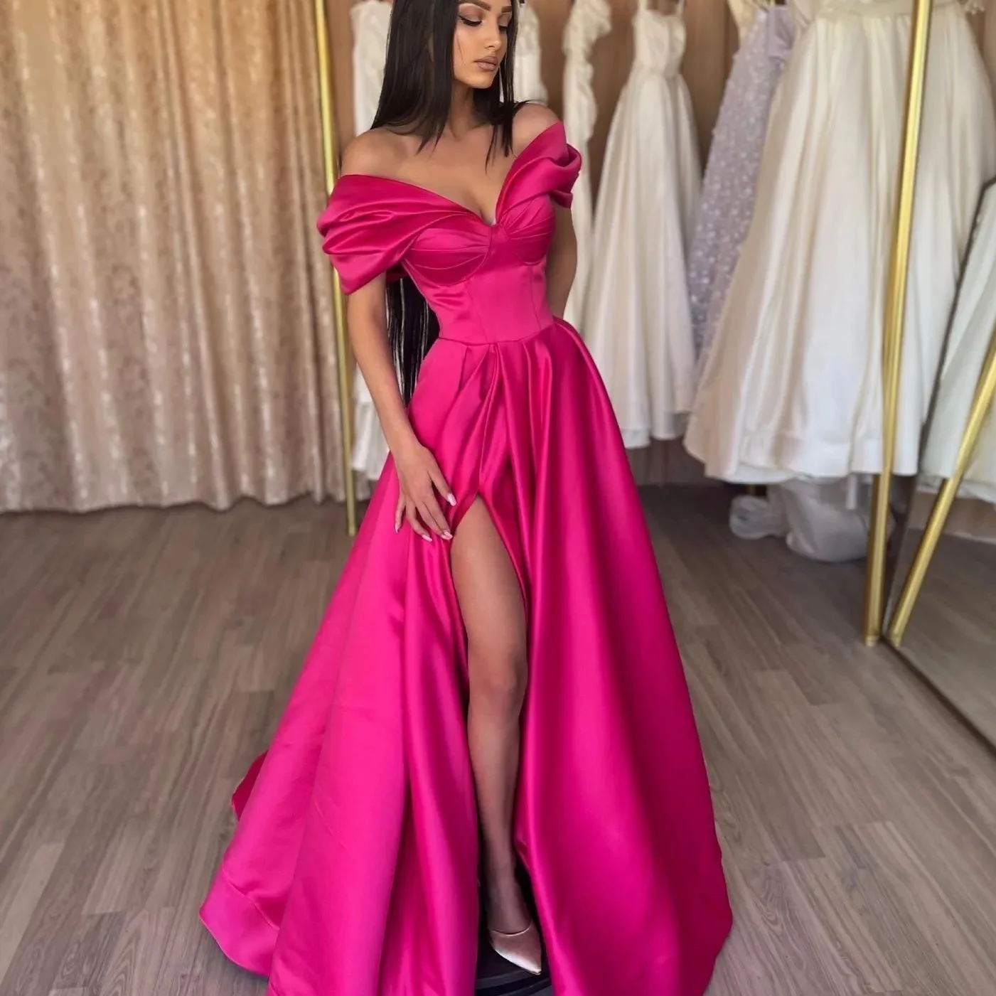 Customized Temperament Satin A-Line Off The Shoulder Evening Dresses Short Sleeves Panel Train Special Occasion Gowns
Customized Temperament Satin A-Line Off The Shoulder Evening Dresses Short Sleeves Panel Train Special Occasion Gowns