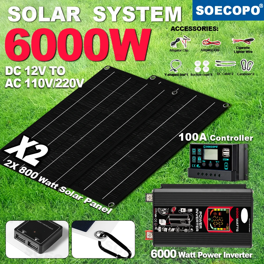 SOECOPO 6000W 220V Solar Panel Set with 2x800W Portable Panels DC 12V To AC 110V/220V Inverter 100A Controller for Camping Home
SOECOPO 6000W 220V Solar Panel Set with 2x800W Portable Panels DC 12V To AC 110V/220V Inverter 100A Controller for Camping Home