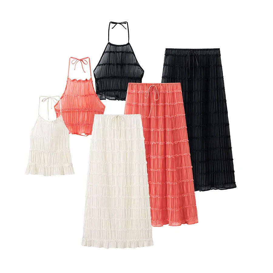 Women Halter Neck Pleated Top Skirt Set Slim Fit Adjustable Back Tie Solid Top Elastic Waist Midi A-line Skirt Summer Suit
Women Halter Neck Pleated Top Skirt Set Slim Fit Adjustable Back Tie Solid Top Elastic Waist Midi A-line Skirt Summer Suit