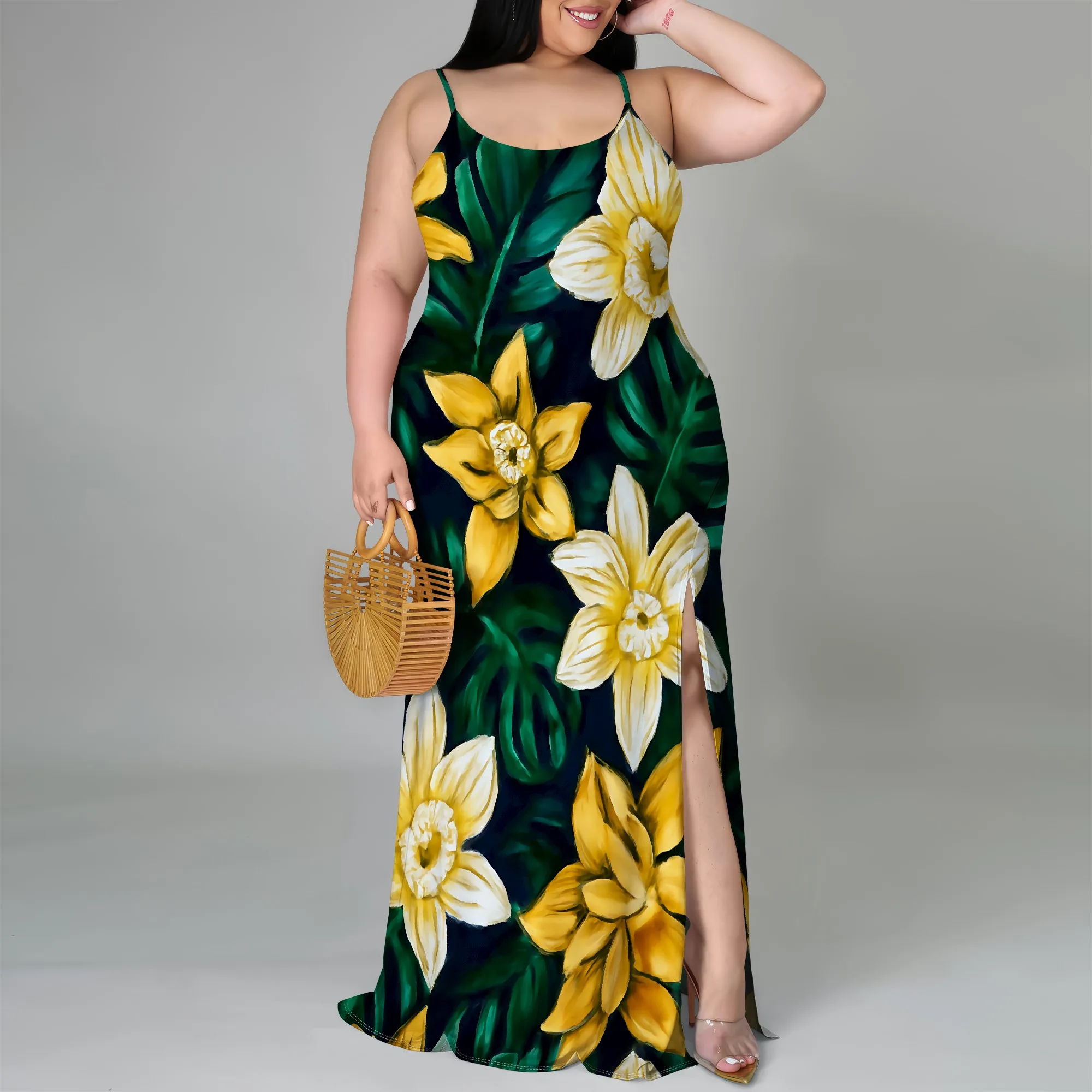 Plus Size Spaghetti Strap Floral Maxi Dress, Yellow Orchid Print, Side Slit, Perfect for Spring & Summer Parties (XL-6XL)
Plus Size Spaghetti Strap Floral Maxi Dress, Yellow Orchid Print, Side Slit, Perfect for Spring & Summer Parties (XL-6XL)