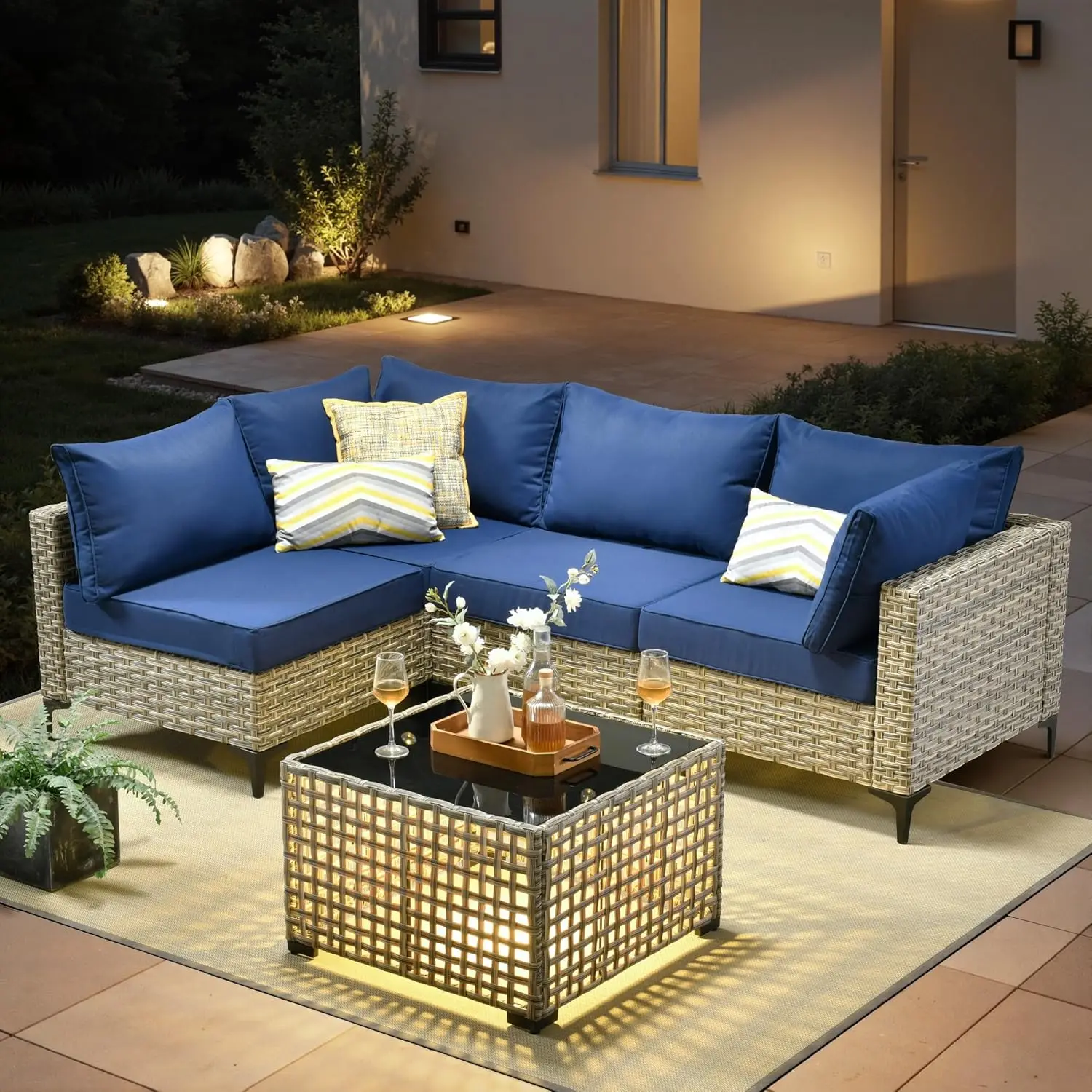 Rattan Patio Sectional Sofa Set w/ Solar Table L-Shape Outdoor Furniture Porch Balcony 5pc Navy, Customized
Rattan Patio Sectional Sofa Set w/ Solar Table L-Shape Outdoor Furniture Porch Balcony 5pc Navy, Customized