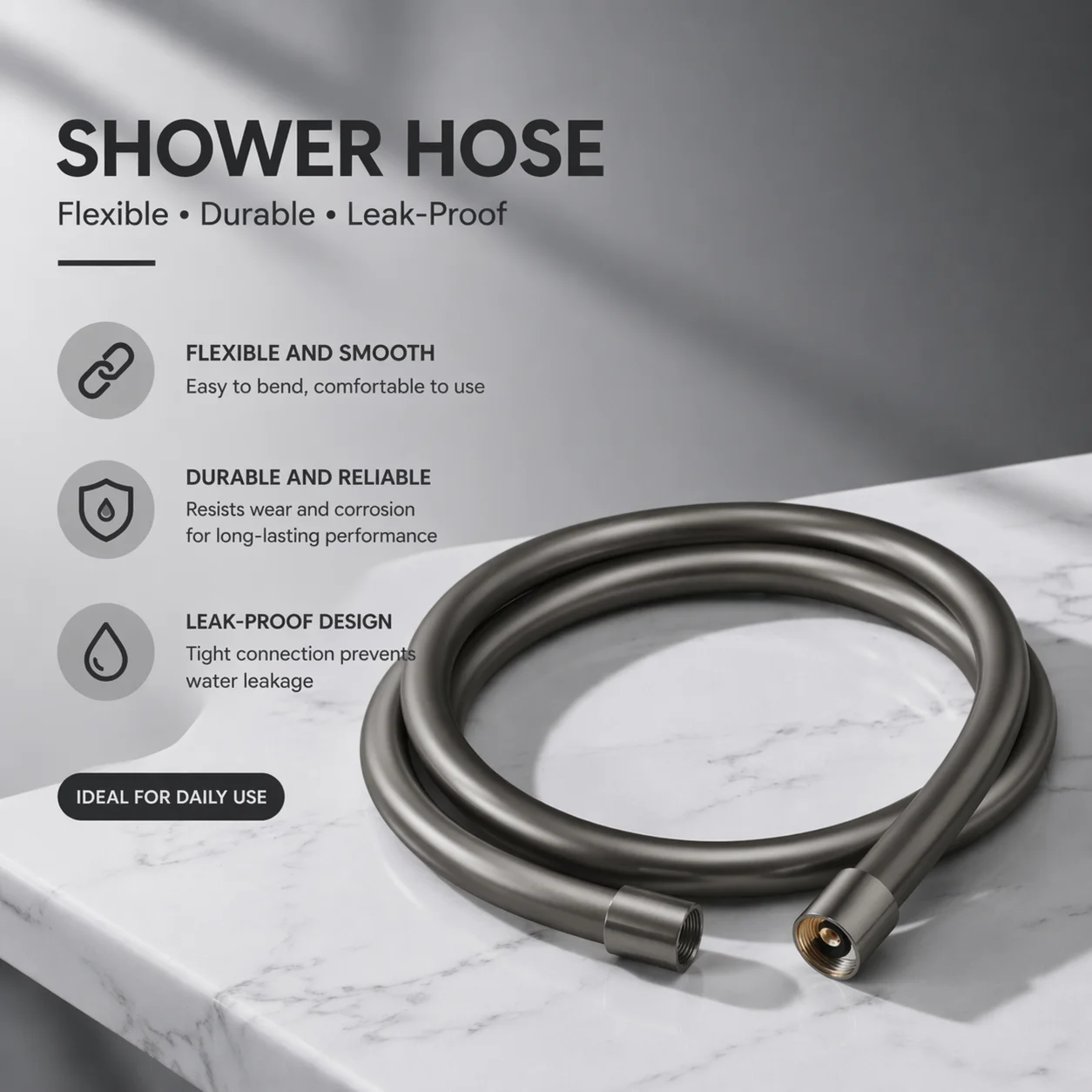 Brushed Gunmetal Gray PVC Shower Hose 1.5M G1/2 360° Anti Tangle Flexible High Pressure Bath Pipe
Brushed Gunmetal Gray PVC Shower Hose 1.5M G1/2 360° Anti Tangle Flexible High Pressure Bath Pipe