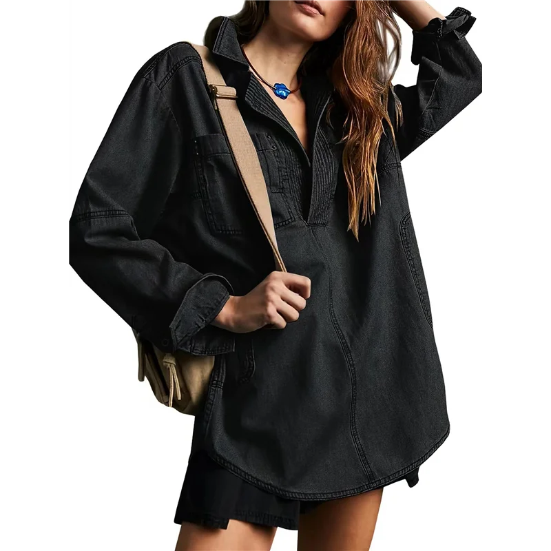 ABRT-Women's Denim Pullover Casual Button V Neck Blouse Loose Fit Long Sleeve Jean Jacket With Pocket
ABRT-Women's Denim Pullover Casual Button V Neck Blouse Loose Fit Long Sleeve Jean Jacket With Pocket