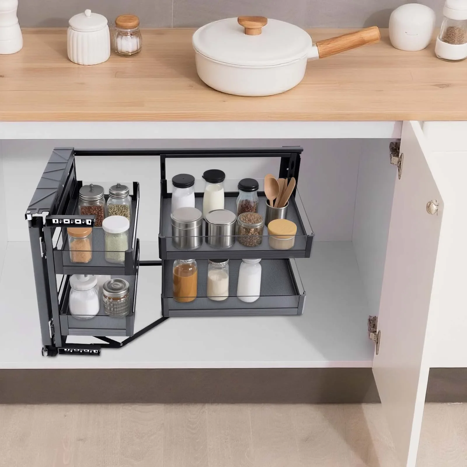 NEW 2-Tier W/4 Adjustable Baskets,Pull Out Cabinet Organizer, Fits 14"Opening&Soft-Close Mechanism for Kitchen Base Cabinet
NEW 2-Tier W/4 Adjustable Baskets,Pull Out Cabinet Organizer, Fits 14"Opening&Soft-Close Mechanism for Kitchen Base Cabinet