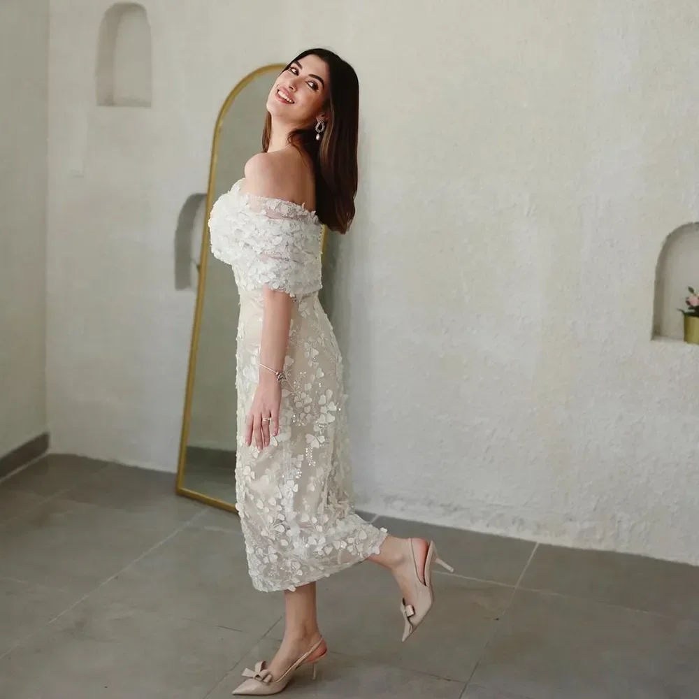 Off Shoulder Evening Dresses Customized Boat Neck Lace Appliques Straight Tea Length Evening Gowns for Wedding Party Dress 2025
Off Shoulder Evening Dresses Customized Boat Neck Lace Appliques Straight Tea Length Evening Gowns for Wedding Party Dress 2025
