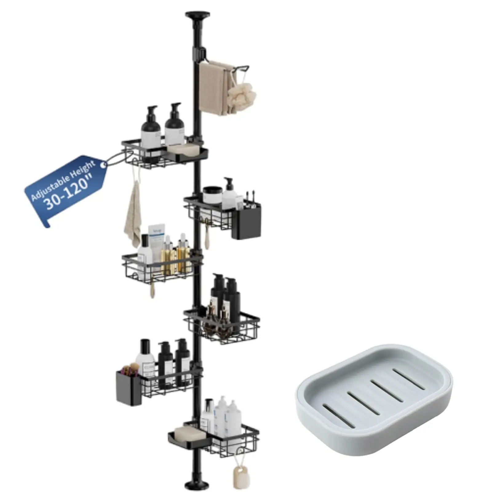 6-Tier Adjustable Corner Shower Organizer With Tension Pole, Towel Rack, Toothbrush Holder And Soap Dish, 30-120 Inch
6-Tier Adjustable Corner Shower Organizer With Tension Pole, Towel Rack, Toothbrush Holder And Soap Dish, 30-120 Inch