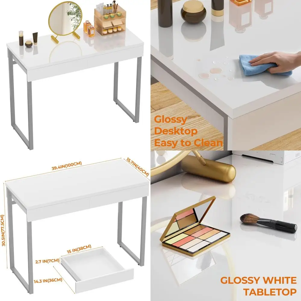 White Glossy Makeup Desk with 2 Drawers for Bedroom Storage and Small Home Vanity Desk
White Glossy Makeup Desk with 2 Drawers for Bedroom Storage and Small Home Vanity Desk