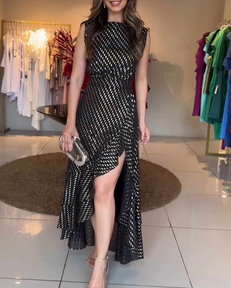 Элегантное асимметричное платье макси без рукавов с рюшами на талии и разрезом, облегающее платье для женщин
Элегантное асимметричное платье макси без рукавов с рюшами на талии и разрезом, облегающее платье для женщин