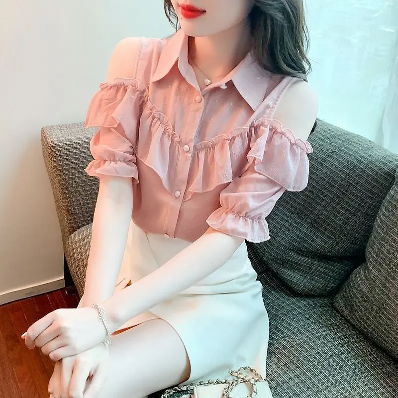 Fashionable Temperament Off Shoulder Chiffon Shirt for Women's Summer New Black Ears Short Sleeved Shirt Top Ruffle Edge
Fashionable Temperament Off Shoulder Chiffon Shirt for Women's Summer New Black Ears Short Sleeved Shirt Top Ruffle Edge