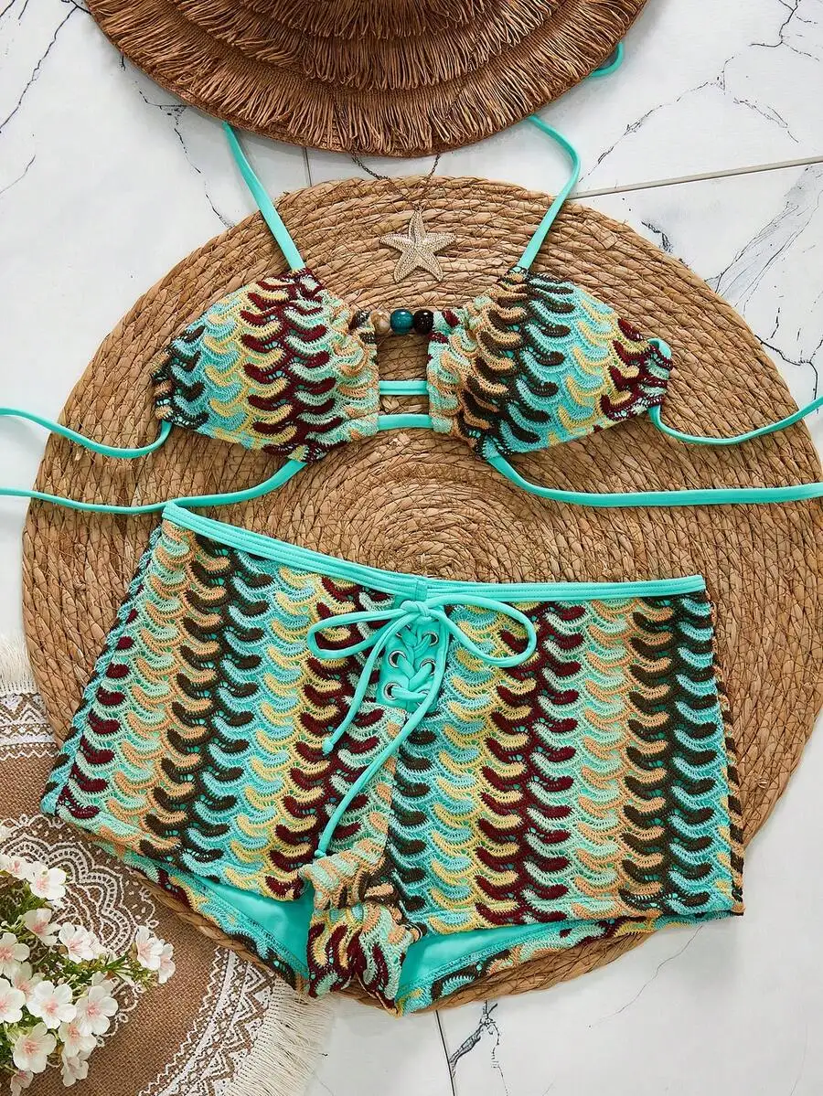 2-Piece Crochet Lace-Up Bikini Set With Colorful Wave Pattern And Beaded Detail For Women
2-Piece Crochet Lace-Up Bikini Set With Colorful Wave Pattern And Beaded Detail For Women