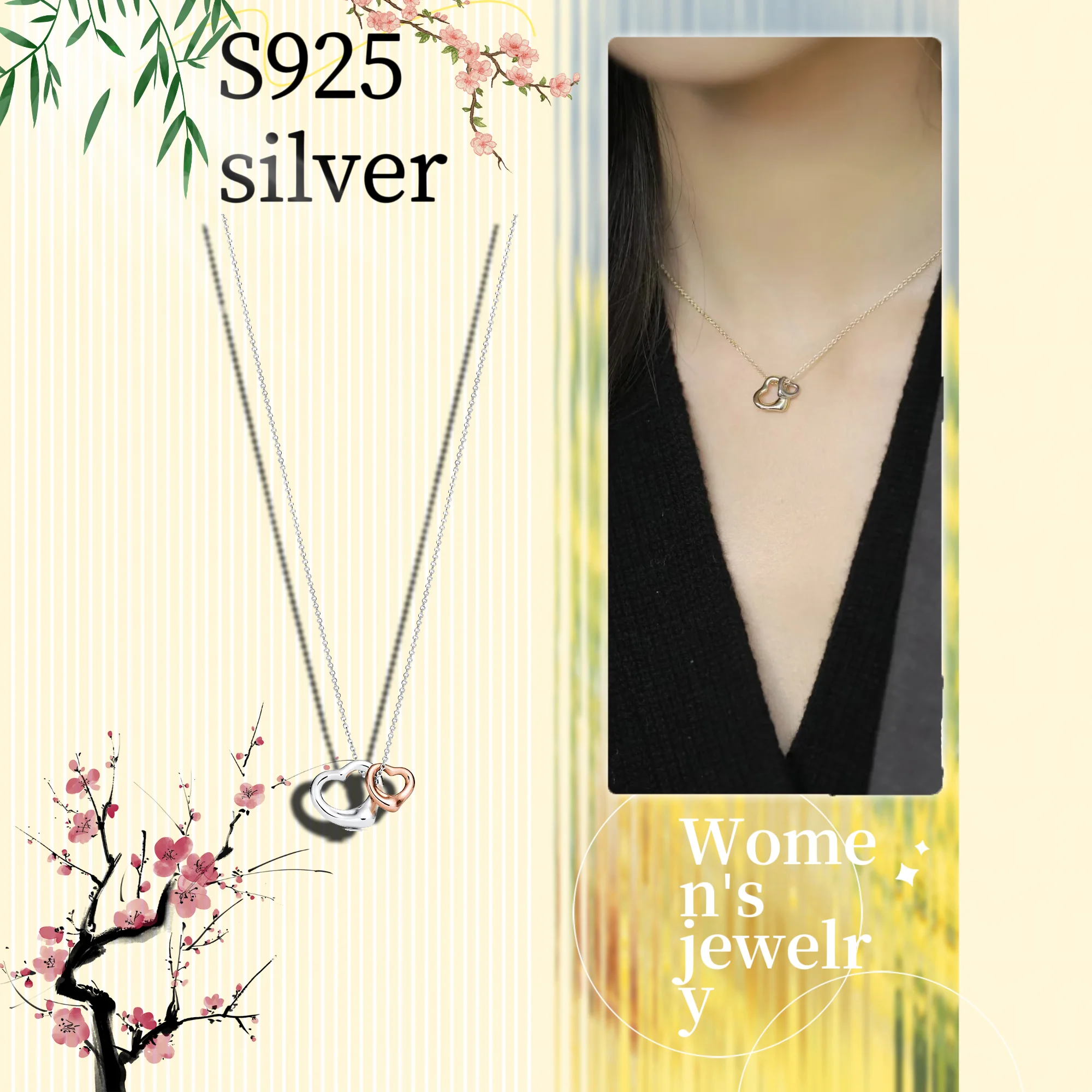 Solid silver S925 women's jewelry, double heart-shaped hollow necklace, best friend holiday gift exchange and wearing
Solid silver S925 women's jewelry, double heart-shaped hollow necklace, best friend holiday gift exchange and wearing