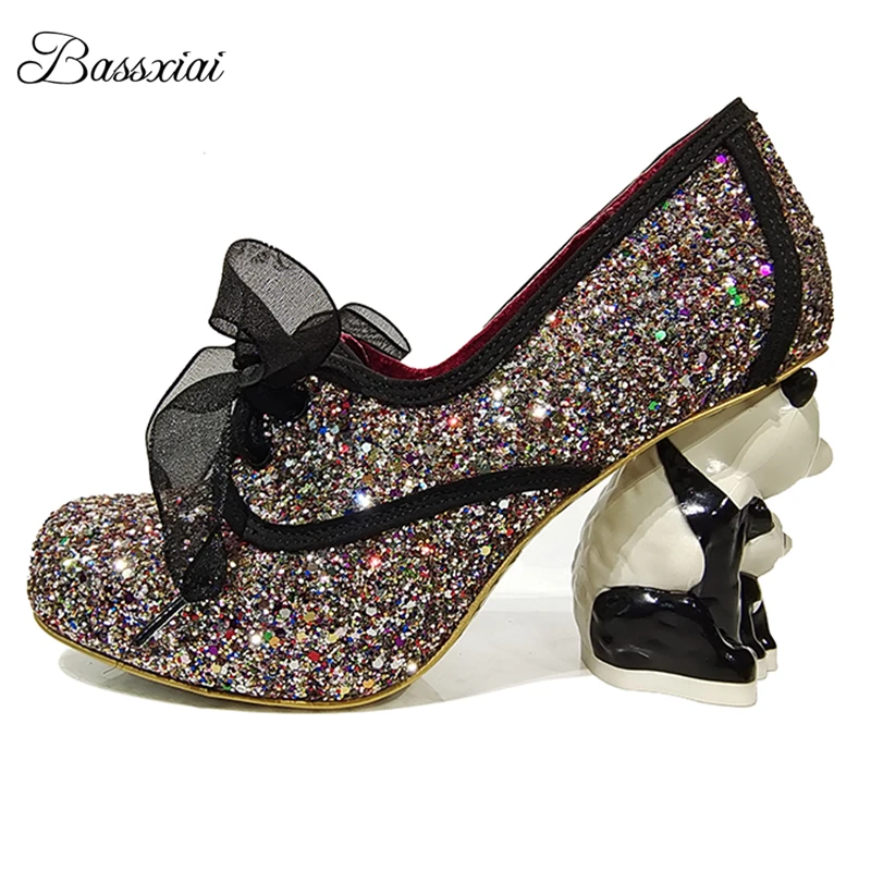 Unique Panda-Shaped Strange Heel Party Shoes Bling Sequins Fairy Lace Cross-tied Round Toe Women Pumps
Unique Panda-Shaped Strange Heel Party Shoes Bling Sequins Fairy Lace Cross-tied Round Toe Women Pumps