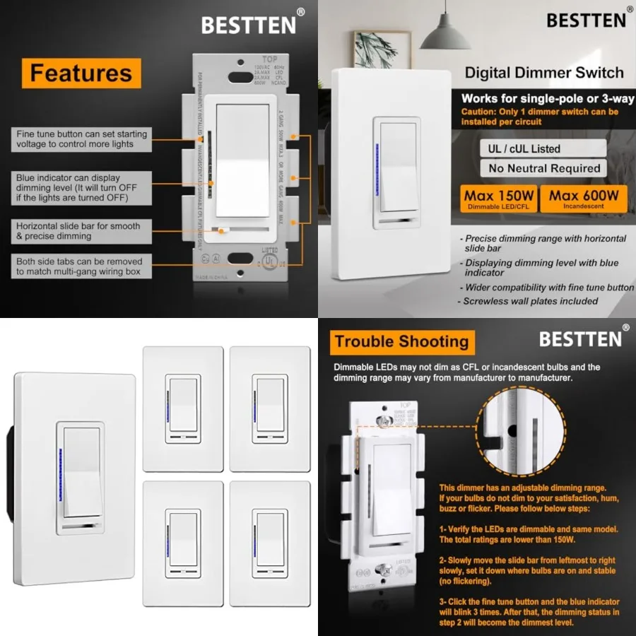 Pack Digital Dimmer Switch with LED Indicator, Single Pole or 3-Way, for Dimmable LED Lights, CFL, Incandescent, Halogen Bulbs,
Pack Digital Dimmer Switch with LED Indicator, Single Pole or 3-Way, for Dimmable LED Lights, CFL, Incandescent, Halogen Bulbs,