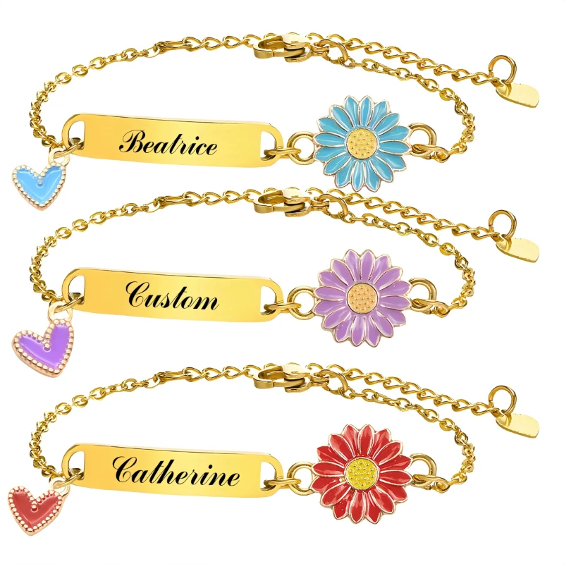Customized children's stainless steel nameplate engraved name bracelet, sunflower heart pendant bracelet suitable for daily wear
Customized children's stainless steel nameplate engraved name bracelet, sunflower heart pendant bracelet suitable for daily wear