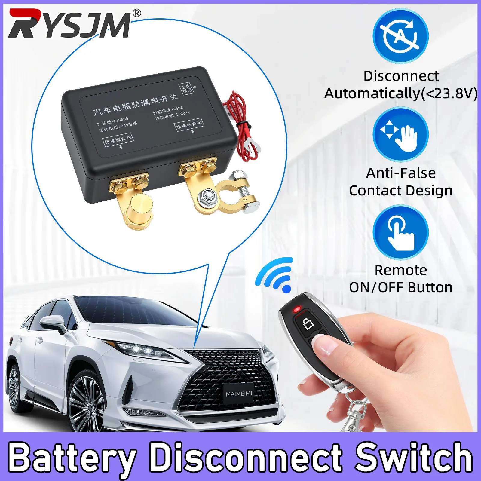 350A Remote Battery Disconnect Switch with Remote Control Button DC 24V Battery Kill Switch Automatic Power Off Switch Remote