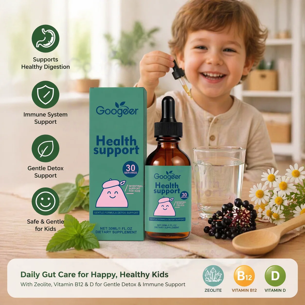 Googeer Kids Gut Care Drops - Капли для здоровья кишечника с цеолитом, витаминами B12 и D для мягкого детокса и поддержки иммунитета, 30 порций, 30 мл жидкой добавки
Googeer Kids Gut Care Drops - Капли для здоровья кишечника с цеолитом, витаминами B12 и D для мягкого детокса и поддержки иммунитета, 30 порций, 30 мл жидкой добавки