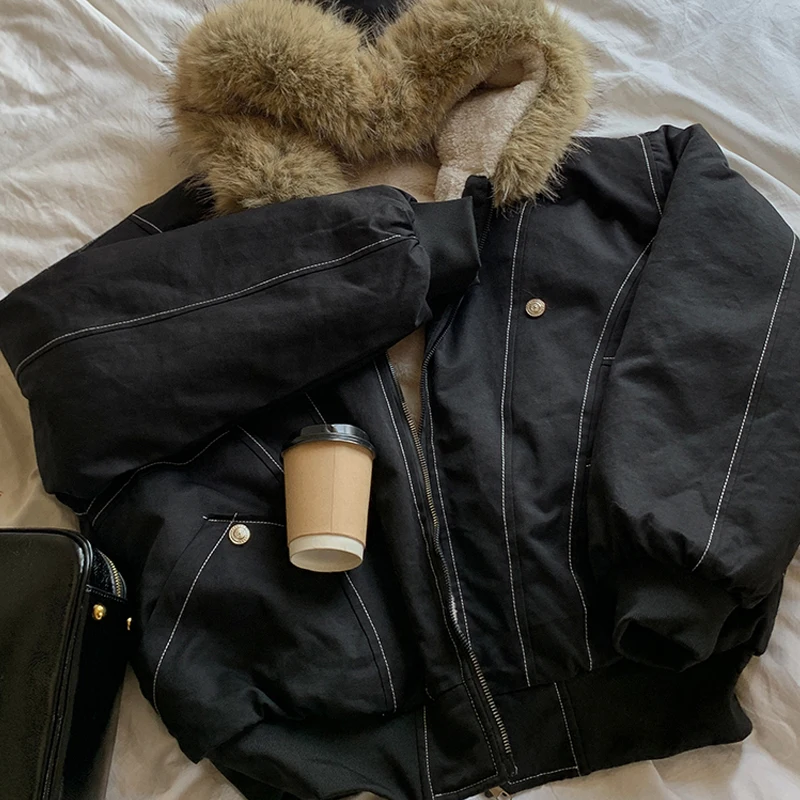 2026 Autumn Winter Oversize Black Jacket Women Outerwear Fashon Hooded Fur Collar Short Parkas Thick Cotton Padded Coat
2026 Autumn Winter Oversize Black Jacket Women Outerwear Fashon Hooded Fur Collar Short Parkas Thick Cotton Padded Coat