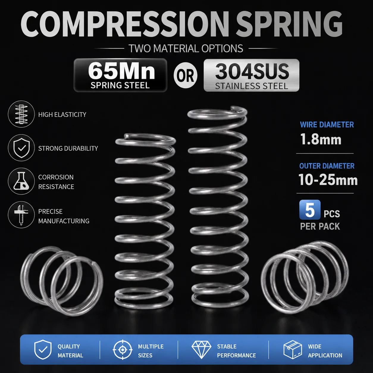 5PCS WD1.8mm OD10-25mm Length 15-100mm Compression Spring 304SUS/65MN High Elasticity Spring Precision Equipment Pressure Spring
5PCS WD1.8mm OD10-25mm Length 15-100mm Compression Spring 304SUS/65MN High Elasticity Spring Precision Equipment Pressure Spring