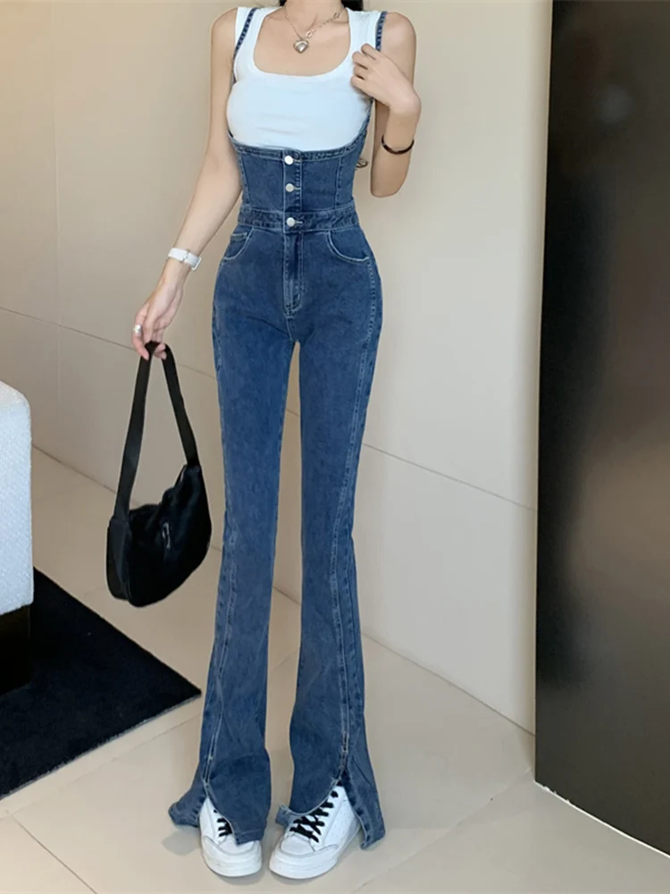 Slim Wide-Leg Flare Jeans Spaghetti Straps Single-breasted Denim Jumpsuit Fashionable High Street Autumn Women's Trousers
Slim Wide-Leg Flare Jeans Spaghetti Straps Single-breasted Denim Jumpsuit Fashionable High Street Autumn Women's Trousers