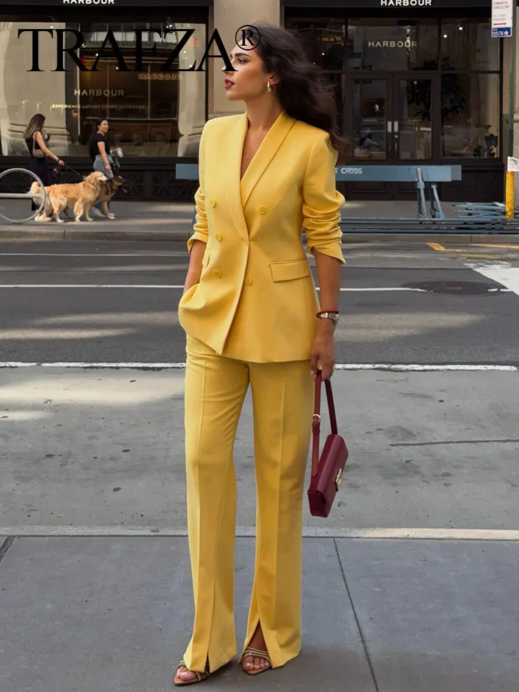 TRAFZA Women Spring Suit Turn-Down Collar Long Sleeves Double-Breasted Blazers+Mid Waist Zipper Flared Pants Women Yellow Set
TRAFZA Women Spring Suit Turn-Down Collar Long Sleeves Double-Breasted Blazers+Mid Waist Zipper Flared Pants Women Yellow Set