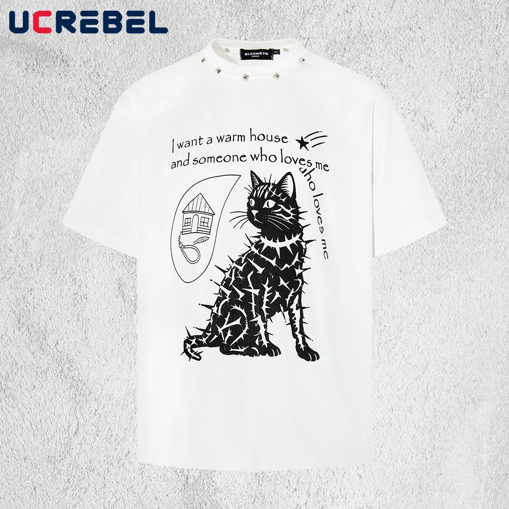 Cat Print Short Sleeve T-shirt Mens with Rivets Summer High Street Loose Half-Sleeve Cotton Crew Neck Tee Man Tshirt
Cat Print Short Sleeve T-shirt Mens with Rivets Summer High Street Loose Half-Sleeve Cotton Crew Neck Tee Man Tshirt