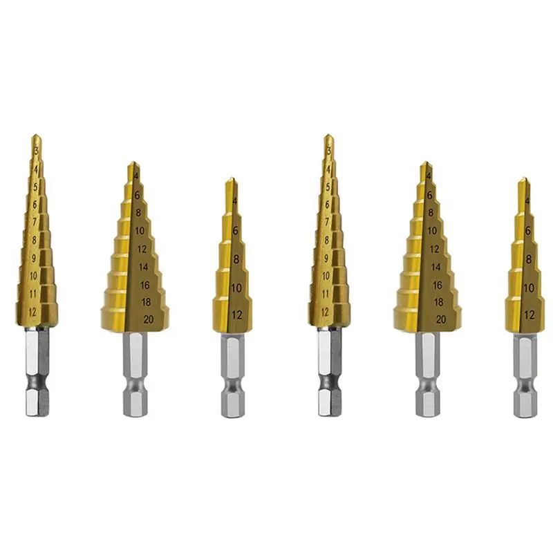 AB11-Step Drill Bit 6Pcs Hss Step Drill Bit Set Cone Hole Cutter Taper Metric Nitriding Hex Core Drill Bits Gold
AB11-Step Drill Bit 6Pcs Hss Step Drill Bit Set Cone Hole Cutter Taper Metric Nitriding Hex Core Drill Bits Gold