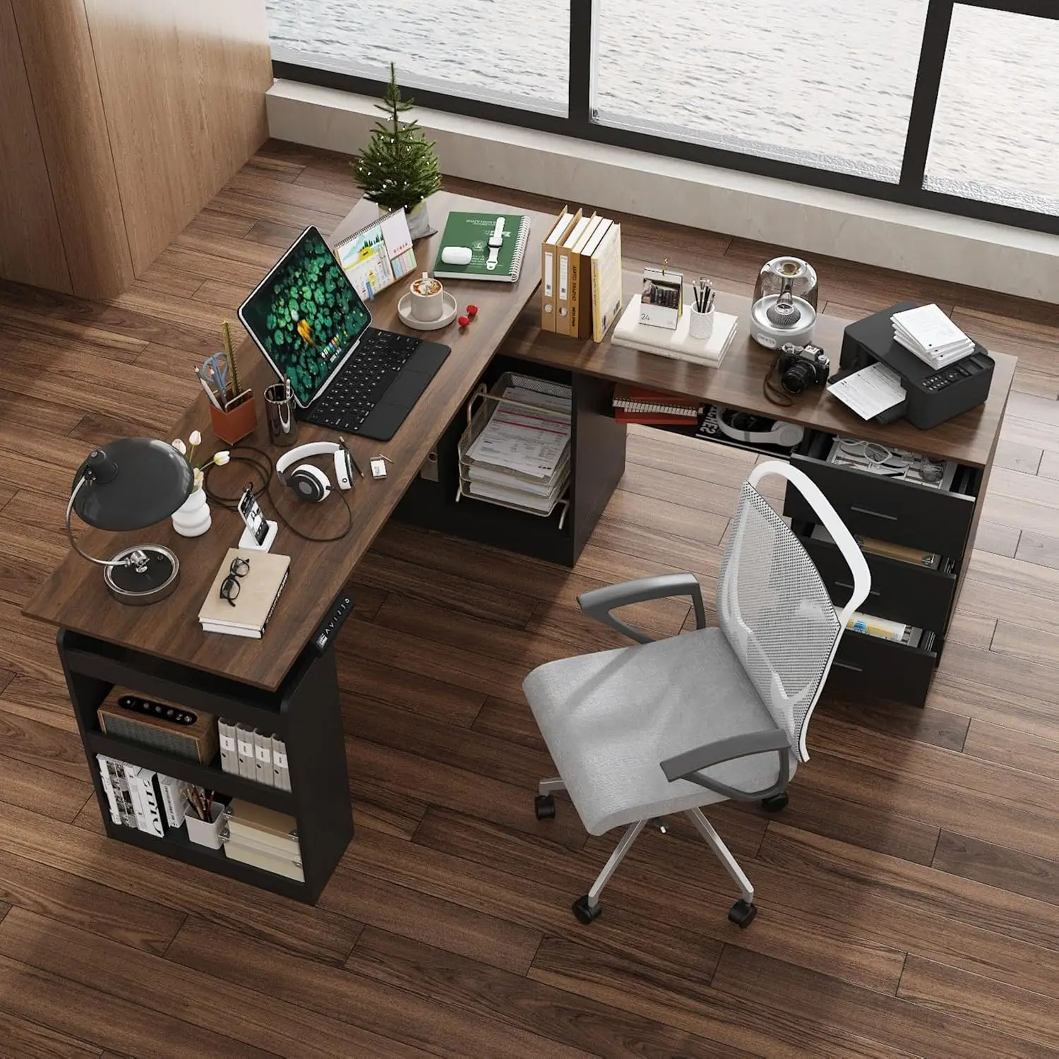 L Shaped Standing Desk with Drawers and Storage Shelves, 63 Inch Electric Adjustable Height Desk, Executive Corner Desk, 3
L Shaped Standing Desk with Drawers and Storage Shelves, 63 Inch Electric Adjustable Height Desk, Executive Corner Desk, 3
