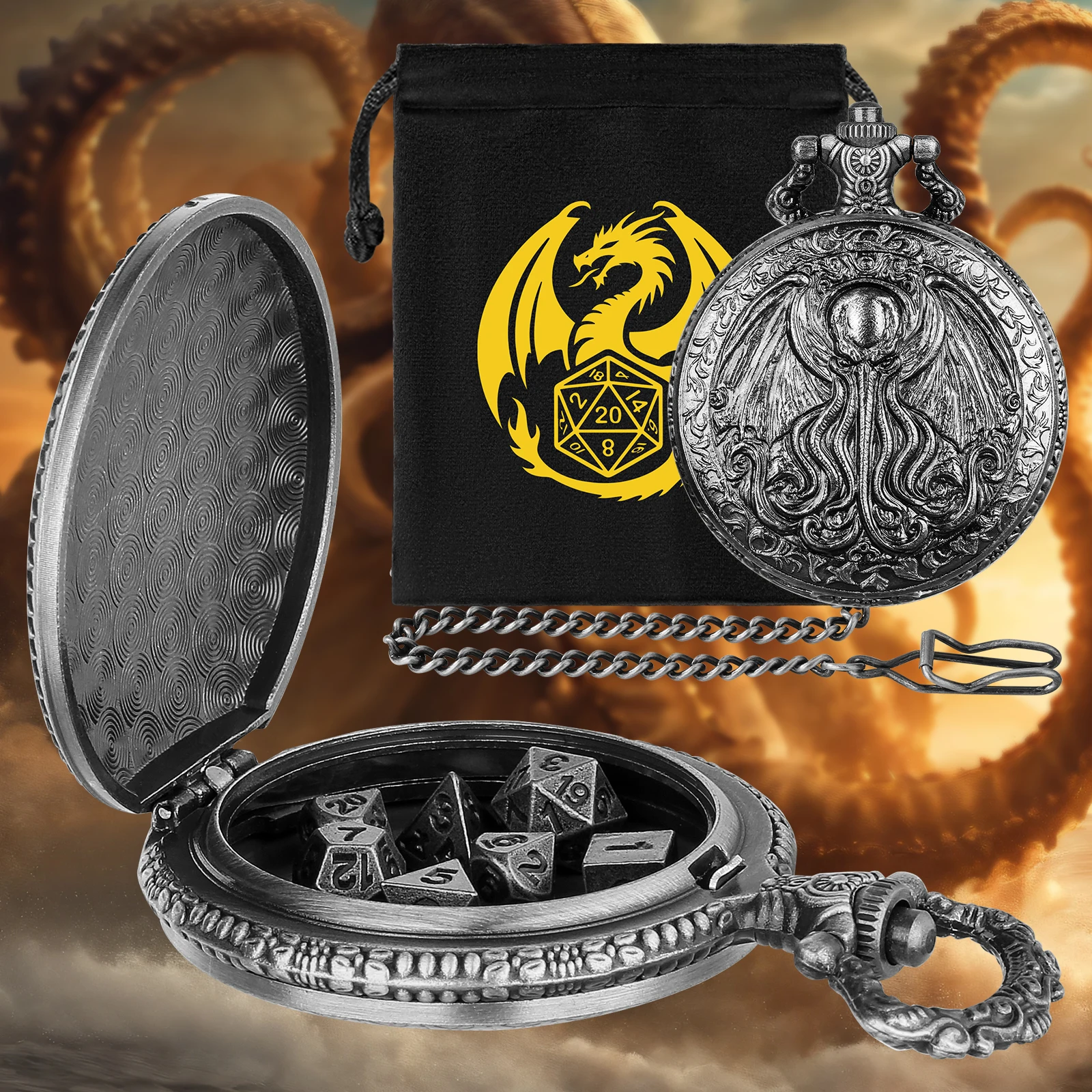 Оптовая продажа: 5 шт. ретро-панк металлические карманные часы в форме осьминога, мини-набор игральных костей, цепочка-брелок, подарок для любителей ролевых игр и развлечений
Оптовая продажа: 5 шт. ретро-панк металлические карманные часы в форме осьминога, мини-набор игральных костей, цепочка-брелок, подарок для любителей ролевых игр и развлечений