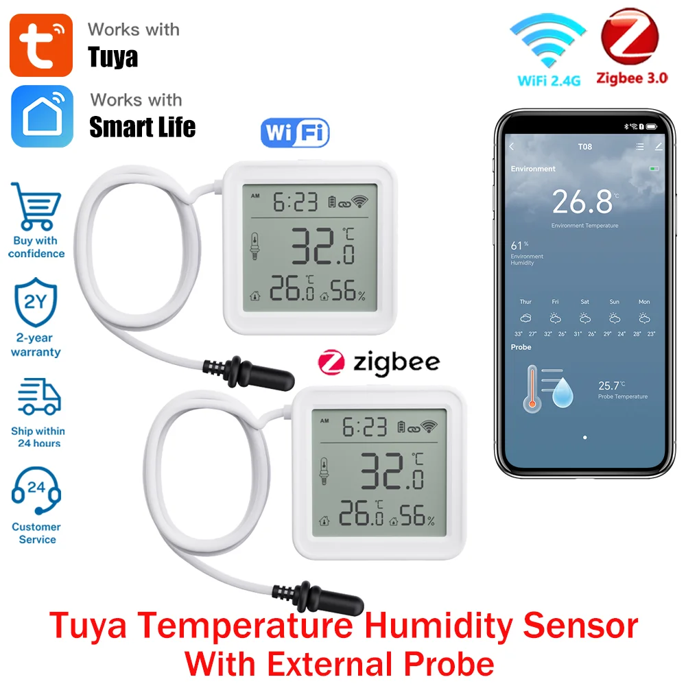Zigbee or WiFi Tuya Temperature Humidity Sensor With External Probe for SmartLife Remote Monitoring For Plants Aquarium Winery
Zigbee or WiFi Tuya Temperature Humidity Sensor With External Probe for SmartLife Remote Monitoring For Plants Aquarium Winery