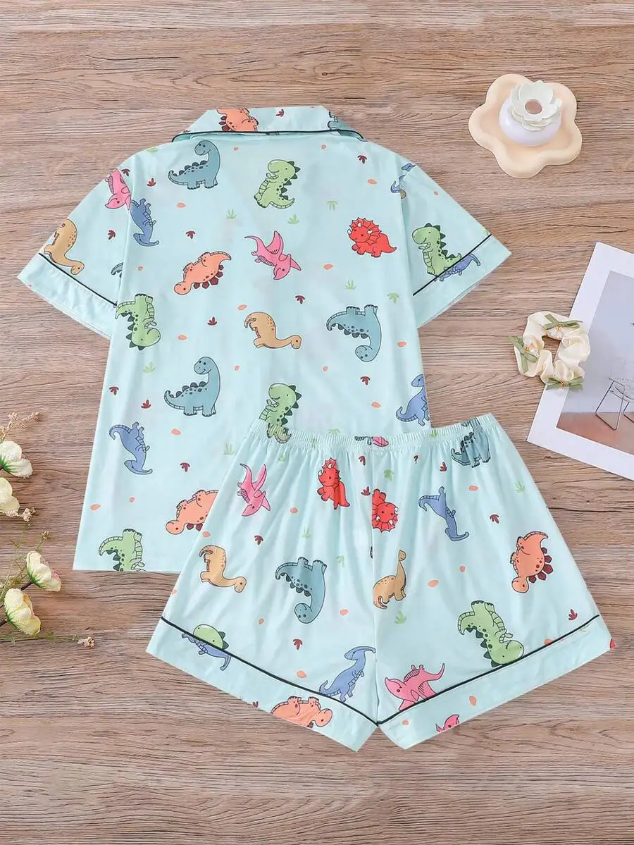 Womens Dinosaur Print Short Sleeve Pajama Set With Collar Top And Elastic Waist Shorts
Womens Dinosaur Print Short Sleeve Pajama Set With Collar Top And Elastic Waist Shorts