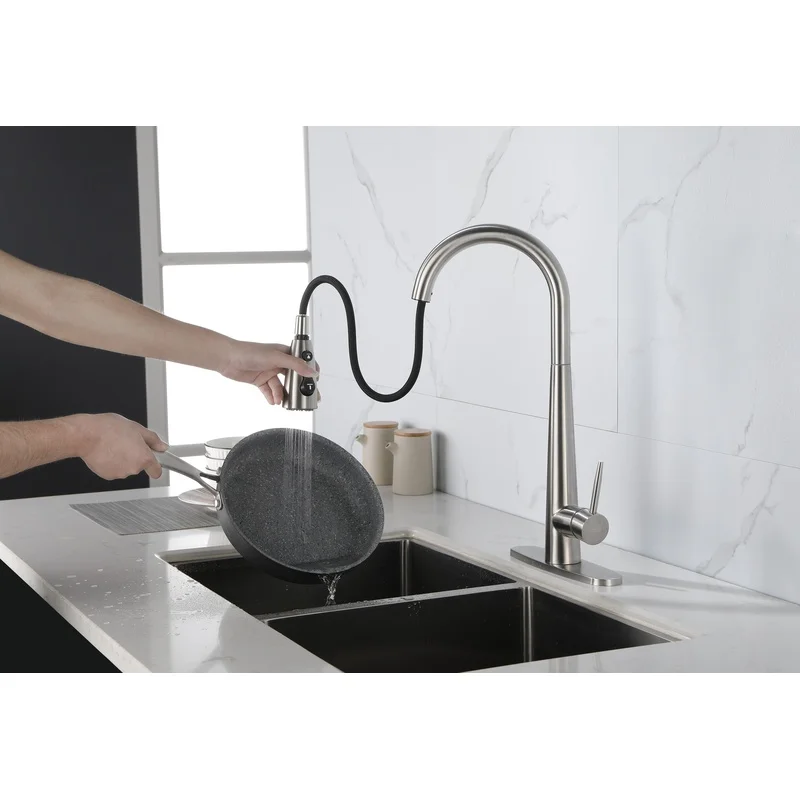 Brushed Nickel Pull-Down Kitchen Faucet, Single Handle, High-Arc Design, Stainless Steel Deck Plate, Modern Commercial Style
Brushed Nickel Pull-Down Kitchen Faucet, Single Handle, High-Arc Design, Stainless Steel Deck Plate, Modern Commercial Style