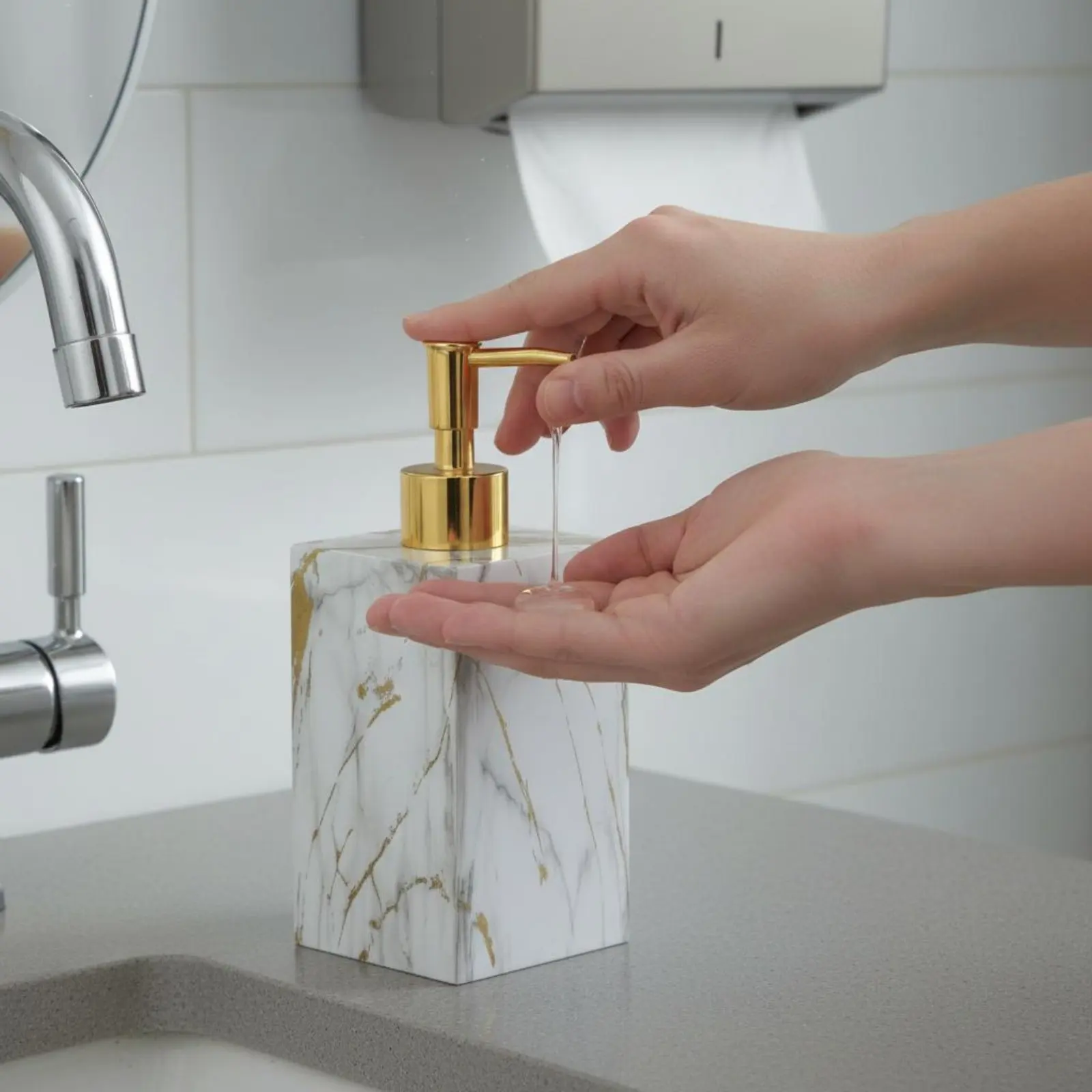 Marble Pattern Liquid Dispenser Easy to Clean Resin Lotion Pump Bottle Hexagonal Marble Soap Dispenser Waterproof for Hotel
Marble Pattern Liquid Dispenser Easy to Clean Resin Lotion Pump Bottle Hexagonal Marble Soap Dispenser Waterproof for Hotel