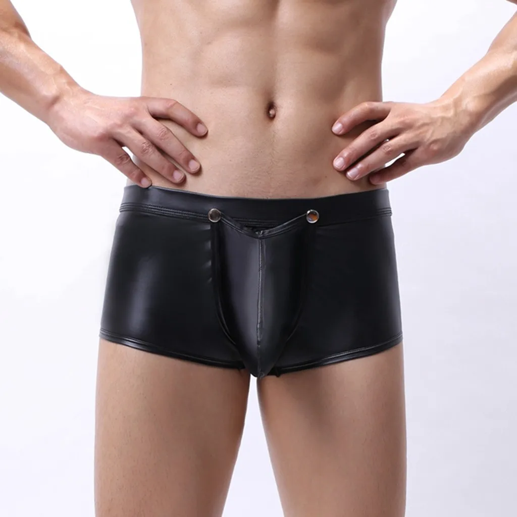 Leather Sexy Underwear Boxers Open Crotch Button Shorts Men U Convex Low Waist Male Underpants 
Leather Sexy Underwear Boxers Open Crotch Button Shorts Men U Convex Low Waist Male Underpants