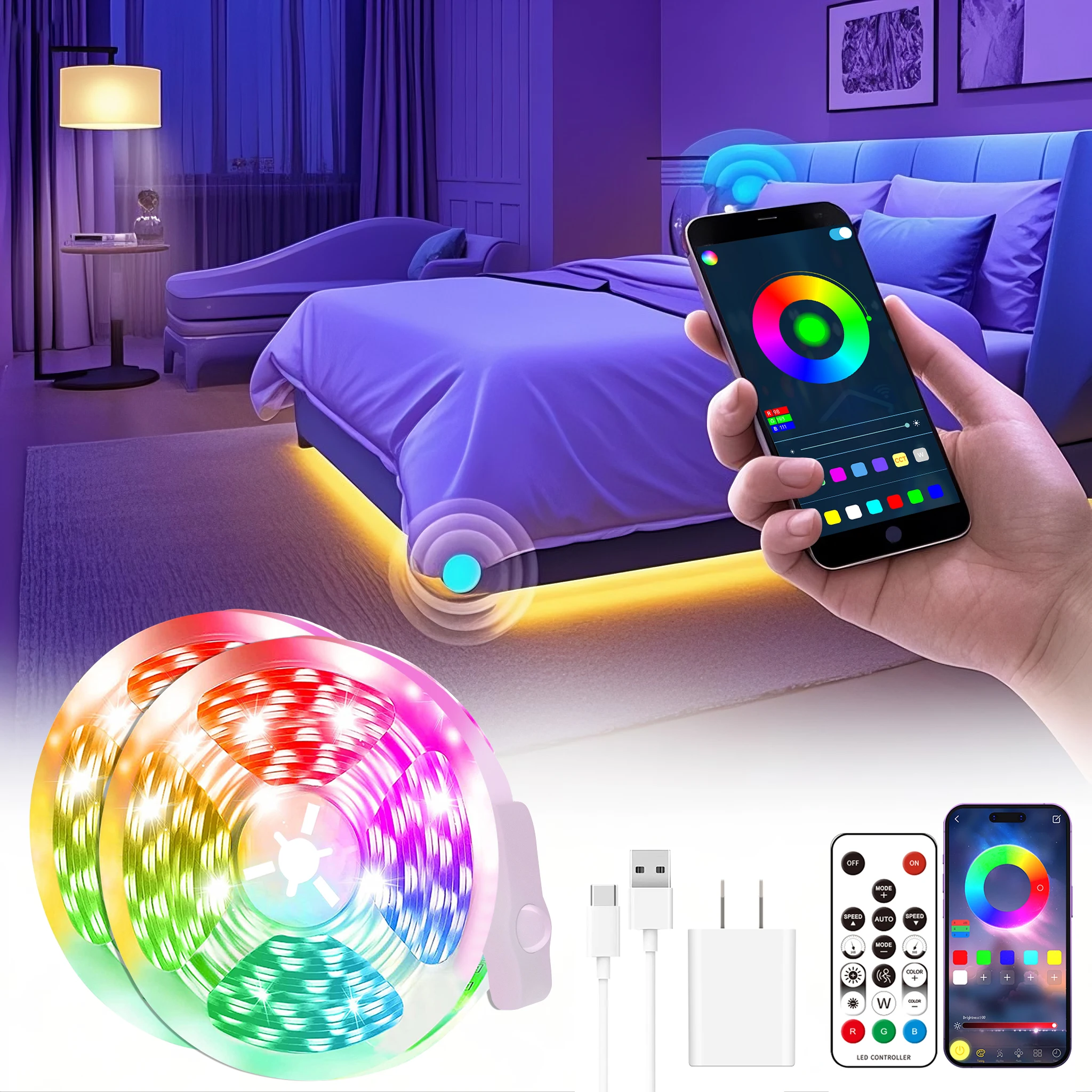 Motion sensor LED light strip, RGB LED light strip, motion activated bedside light, music synchronized light strip
Motion sensor LED light strip, RGB LED light strip, motion activated bedside light, music synchronized light strip