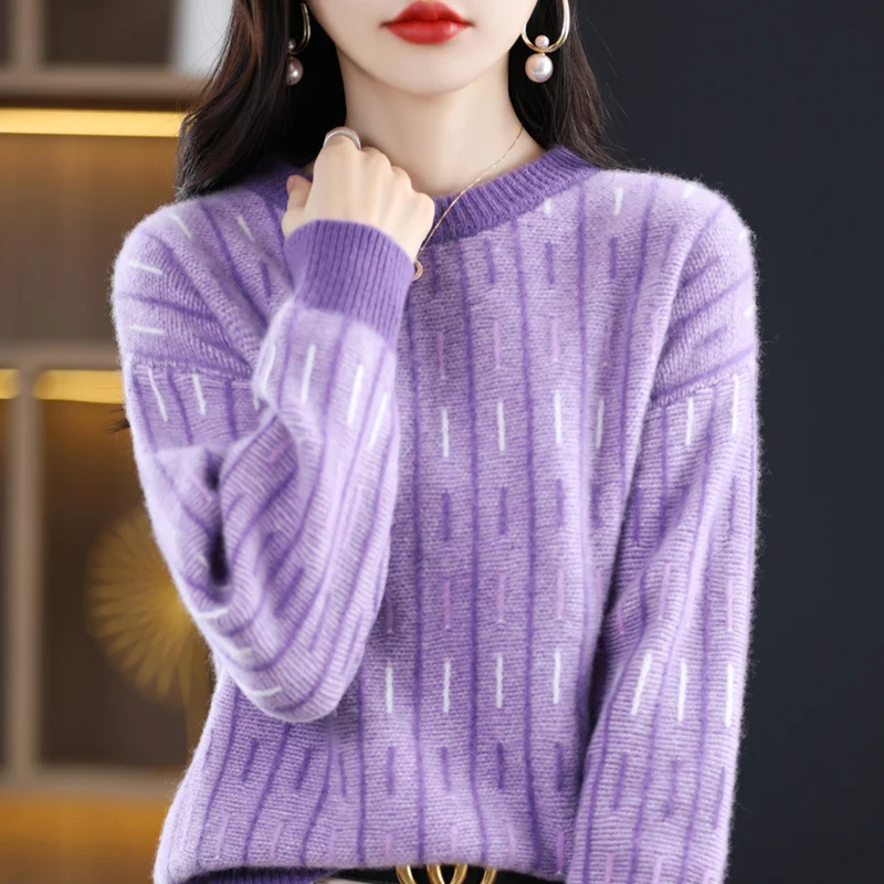 Autumn and Winter New 100% Wool Cashmere Sweater Women's O-Neck Casual Pullover Loose Korean Knitted Fashion Color Block Top
Autumn and Winter New 100% Wool Cashmere Sweater Women's O-Neck Casual Pullover Loose Korean Knitted Fashion Color Block Top