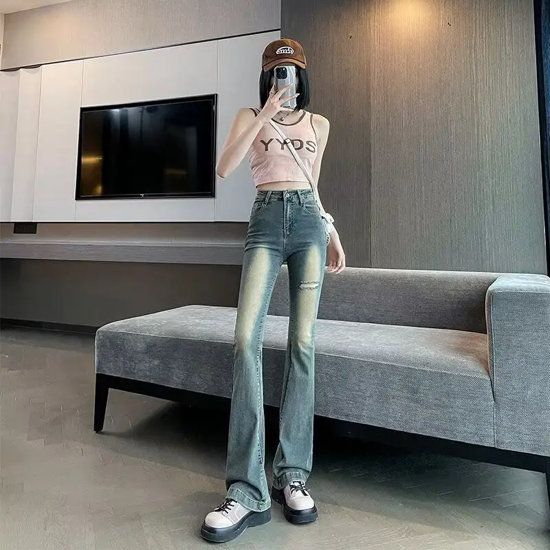 Retro Blue Hole Micro Flared Denim Jeans Women's Spring New High Waist Slim Fit Hoof Long Pants Wide Leg l Waist
Retro Blue Hole Micro Flared Denim Jeans Women's Spring New High Waist Slim Fit Hoof Long Pants Wide Leg l Waist
