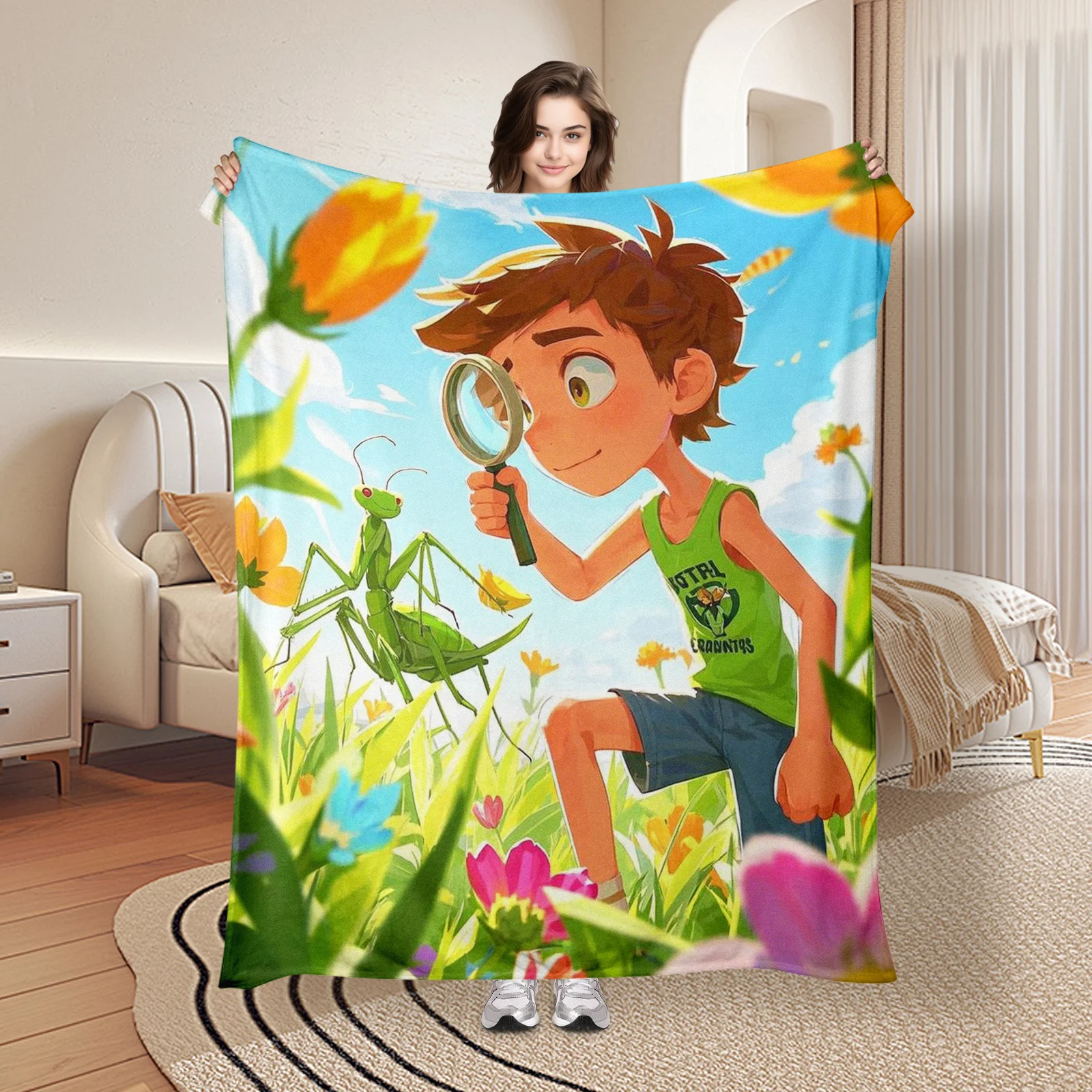 Whimsical Mantis Cartoon Blanket With Flower Garden And Magnifying Glass For Playful Home Decor Aesthetic
Whimsical Mantis Cartoon Blanket With Flower Garden And Magnifying Glass For Playful Home Decor Aesthetic