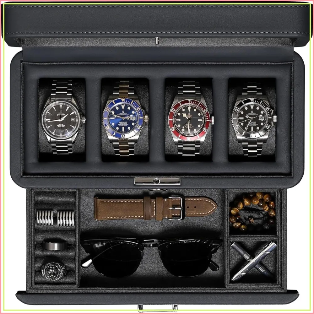 4 Slot Leather Watch Box with Valet Drawer - Luxury Display Case Organizer, Locking Glass Top, for Men & Women (Carbon)
4 Slot Leather Watch Box with Valet Drawer - Luxury Display Case Organizer, Locking Glass Top, for Men & Women (Carbon)