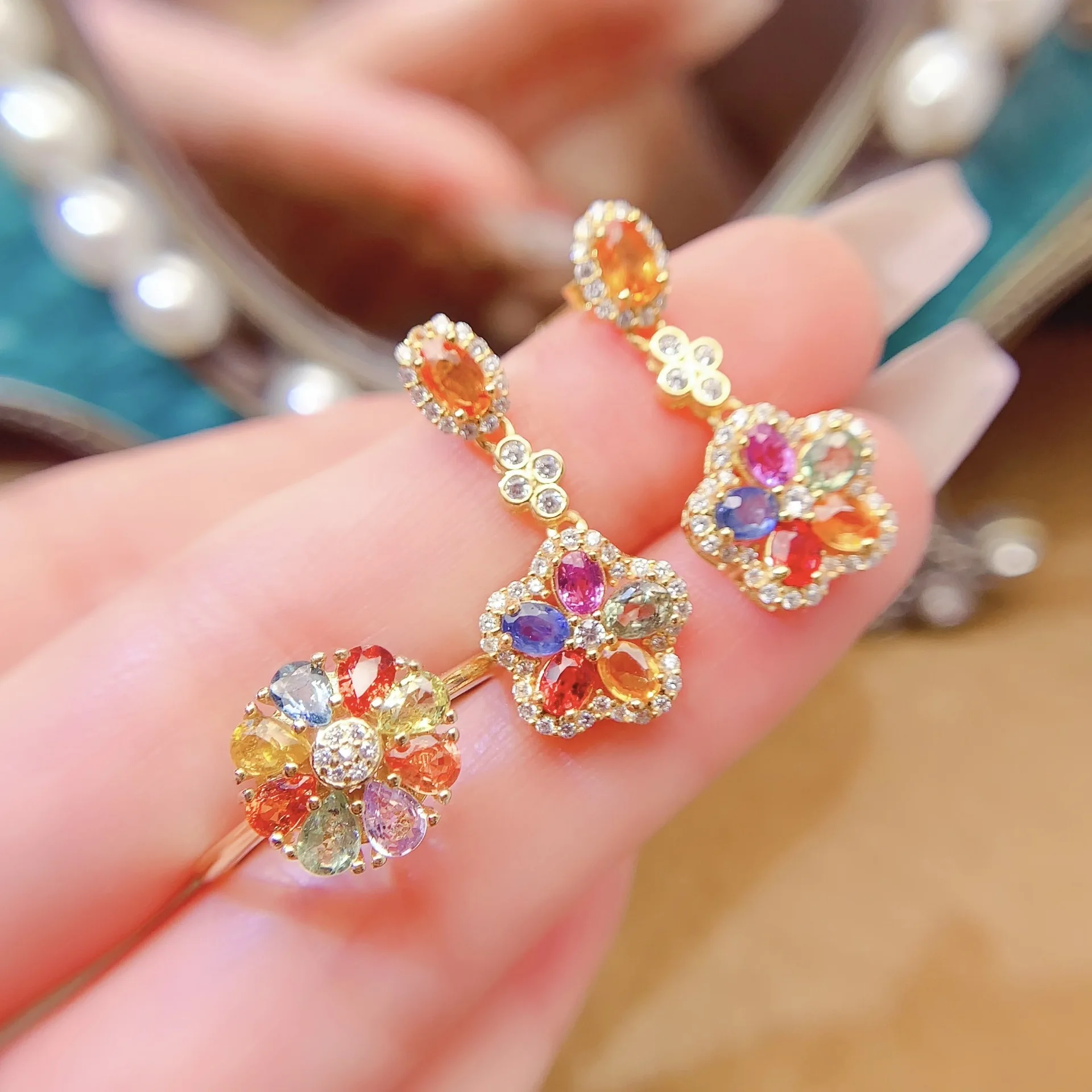 Natural Multicolor Sapphire Jewelry Set S925 Silver Gold Plated CZ Accent Ring & Earrings
Natural Multicolor Sapphire Jewelry Set S925 Silver Gold Plated CZ Accent Ring & Earrings