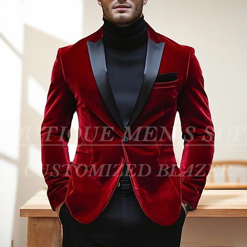 Casual Red Velvet Blazer With Black Pants Men's Suits Elegant One Button Peak Lapel Outfits Formal Wedding 2 Piece Jacket Pants
Casual Red Velvet Blazer With Black Pants Men's Suits Elegant One Button Peak Lapel Outfits Formal Wedding 2 Piece Jacket Pants