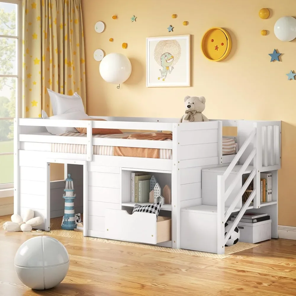 TWIN BED, SOLID WOOD TWIN SIZE LOW LOFT BED WITH STAIR, DRAWER, AND SHELF OF WHITE COLOR, Bedroom Furniture 
TWIN BED, SOLID WOOD TWIN SIZE LOW LOFT BED WITH STAIR, DRAWER, AND SHELF OF WHITE COLOR, Bedroom Furniture