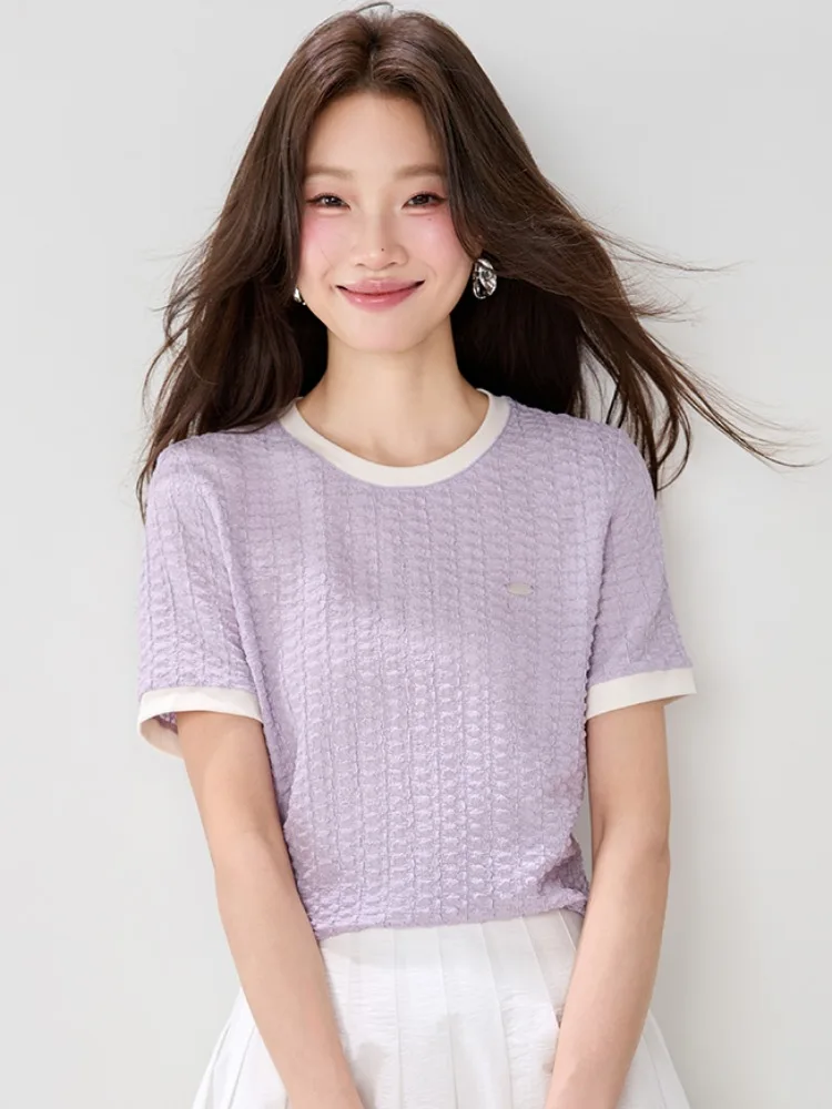 Fashionable Texture Short Sleeve T-Shirt Women's round Neck Elegant Shoulder Top Summer New Style Color Block Casual Shirt
Fashionable Texture Short Sleeve T-Shirt Women's round Neck Elegant Shoulder Top Summer New Style Color Block Casual Shirt